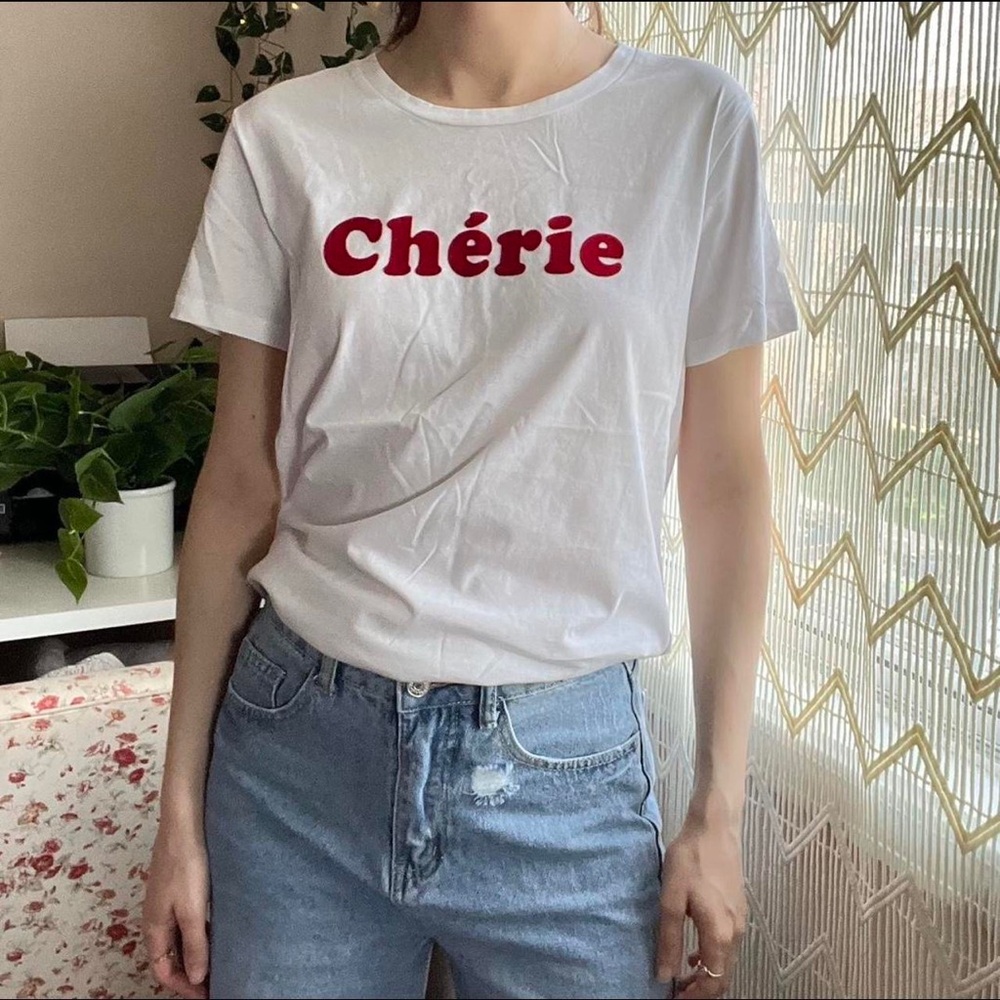 French Connection White Red Velvet Chérie T Shirt
